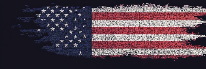 Obraz premium USA Flag Glitch Art Dark Background - Patriotic digital art. Grunge texture, distressed flag, digital glitch effect, dark backdrop, American symbolism.