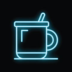 Blue neon sign of a mug with a hot beverage and a straw, glowing on a black background
