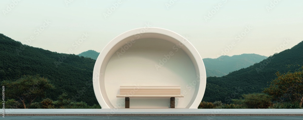 Poster a minimalist circular structure with a bench, set against a serene mountain backdrop, blending natur
