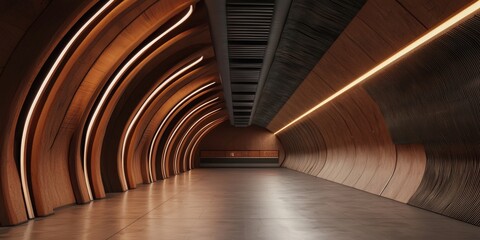 Obraz premium A modern, curved interior space featuring warm lighting and sleek surfaces, creating a futuristic atmosphere.