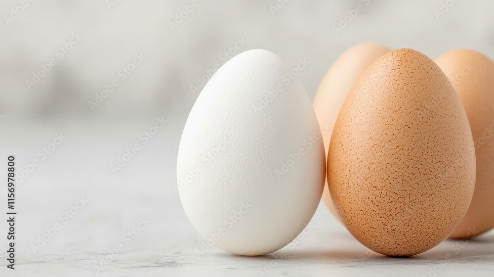 Poster Chicken and Duck Egg Concept, Close-Up of Duck Egg Shell Showing Texture and Color Differences Among Various Eggshells on Marble Surface