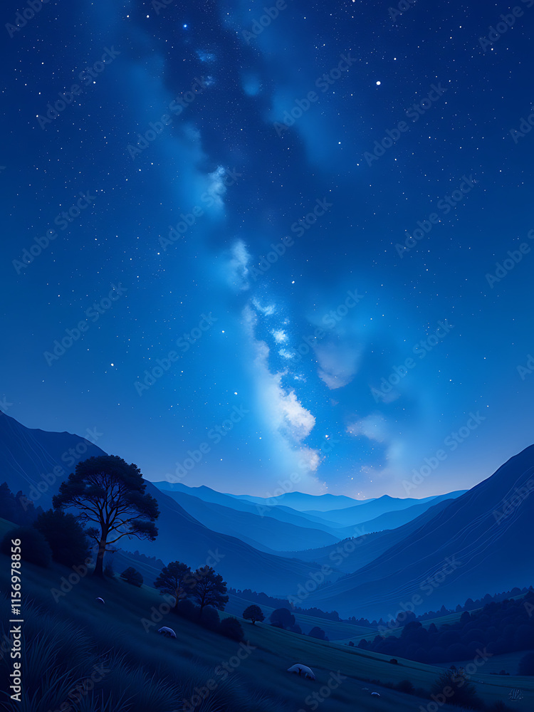 Poster the night sky painting features a serene blue starry landscape created using advanced generative ai 
