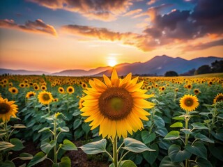 Fototapeta premium Minimalist Dawn: Hokkaido Sunflower Field, Nishiyama, Niseko