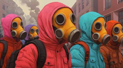 Fototapeta premium A group of individuals in colorful hoodies and gas masks walk through a smoky, urban environment, suggesting themes of survival and dystopia.