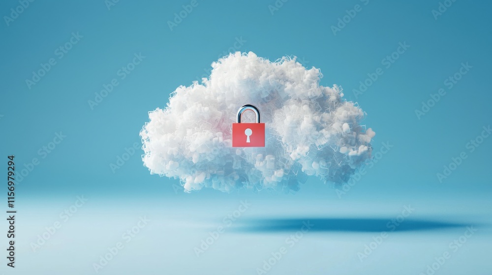 Poster a digital cloud with a red padlock symbolizes cloud security and data protection in a modern, minima