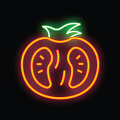 Neon sign depicting a tomato slice, illuminated against a dark backdrop, capturing the vibrant essence of fresh produce