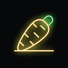 Bright yellow and green neon sign of a carrot on a black background