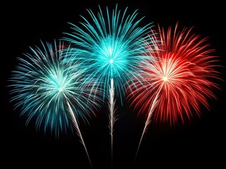 Minimalist Fireworks: White, Red, and Turquoise Explosions in Night Sky