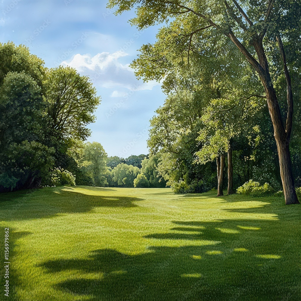 Poster a forest clearing with soft grass and tall trees casting long shadows