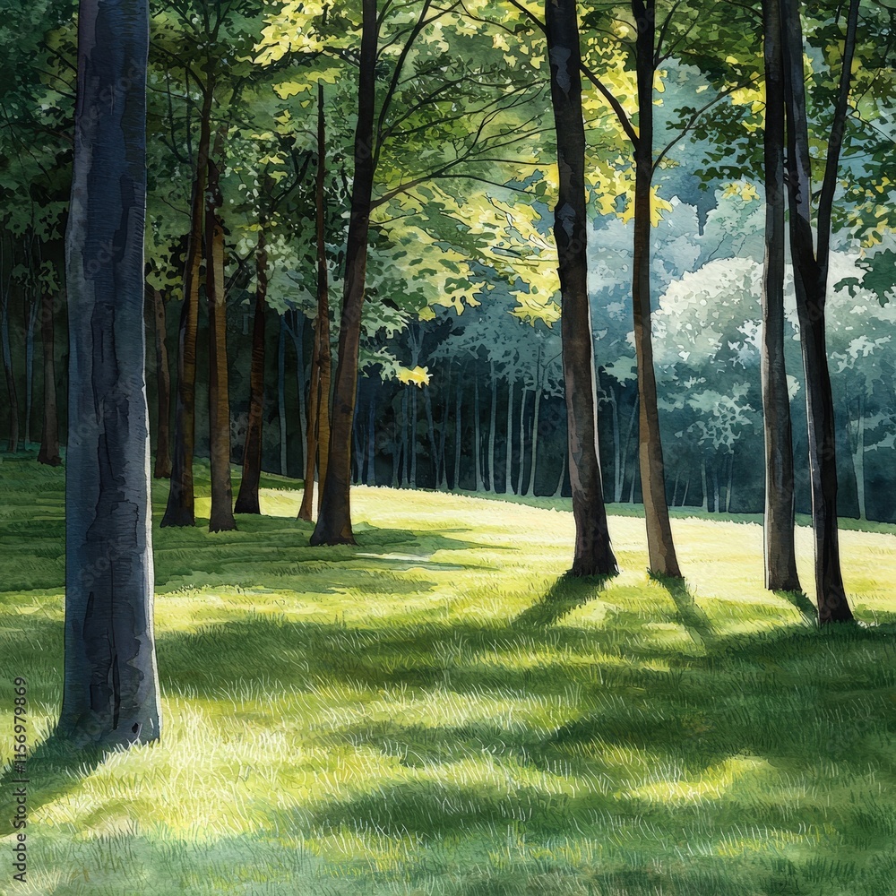 Poster a forest clearing with soft grass and tall trees casting long shadows