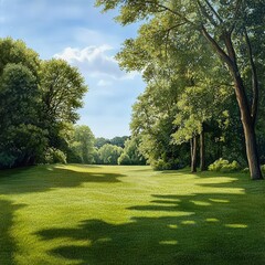 Fototapeta premium A forest clearing with soft grass and tall trees casting long shadows