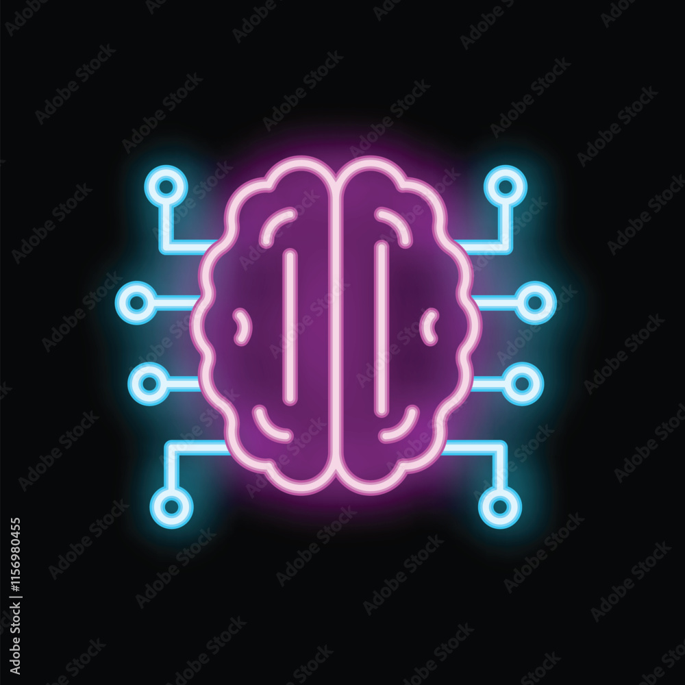 Poster neon style icon representing artificial intelligence with a brain connected to circuits, symbolizing