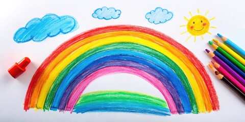 Kids Rainbow Drawing, Child's Artwork, Colorful Rainbow Illustration, Simple Rainbow Sketch, Cute Rainbow Image