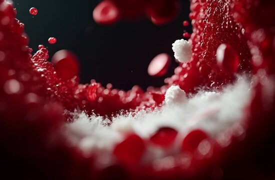 Conceptual visualization of diabetes with red blood cells, glucose molecules, and sugar crystals in a dynamic microenvironment