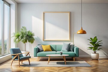 Minimalist Modern Interior Design: Blank Frame on White Wall Stock Photo