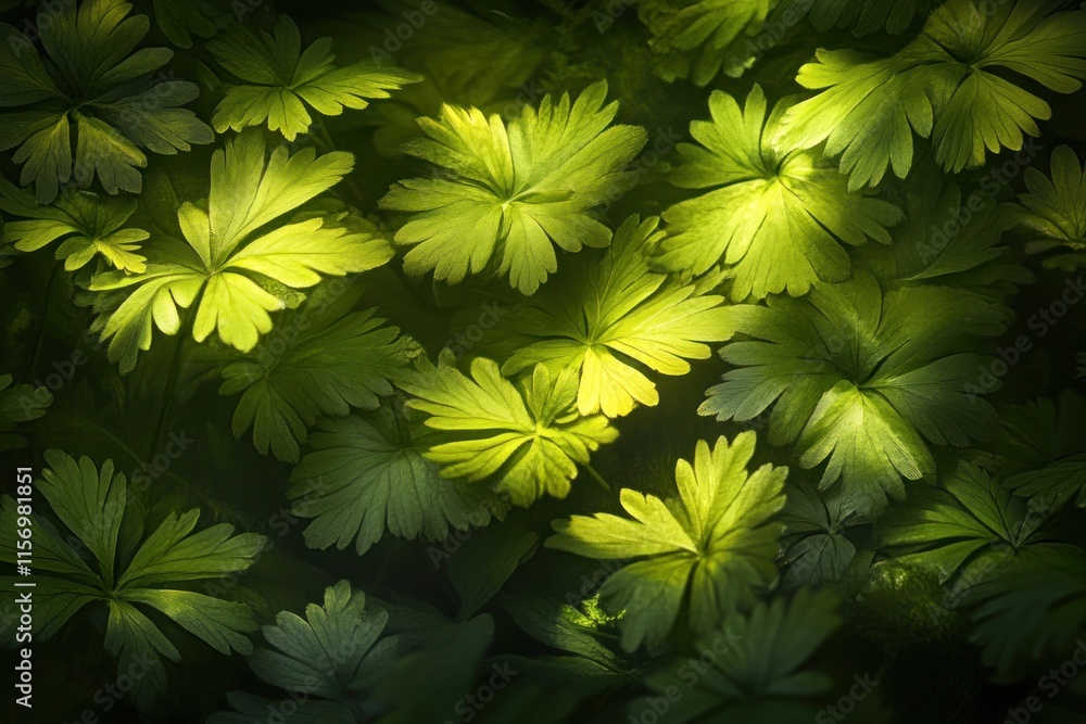 Poster Lush green foliage illuminated by sunlight, creating a vibrant texture and pattern.