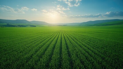 Naklejka premium Serene Green Field Landscape at Sunset