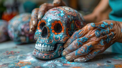 Cultural celebration day of the dead sugar skull decorating in mexico artistry close-up view vibrant atmosphere