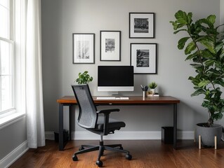Modern home office with desk, chair, computer, plants, and framed photos.