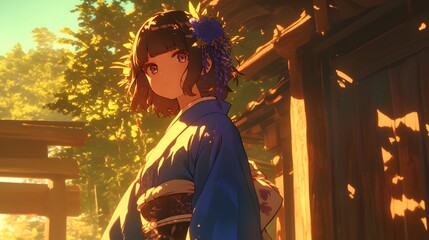 Obraz premium Anime girl in traditional attire against sunset, serene and cultural beauty