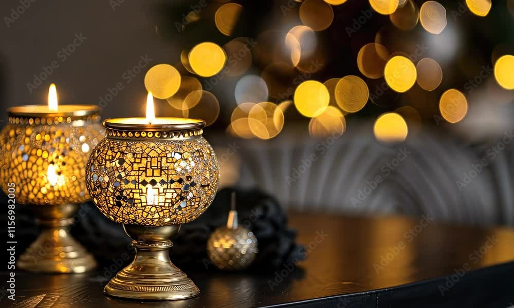 Aufkleber two lit mosaic lanterns on table with bokeh light background