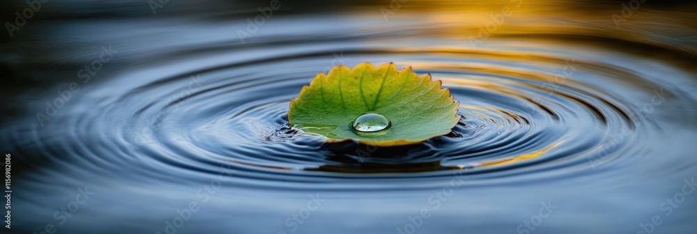 Poster water droplet on a leaf floating on calm water, creating concentric ripples.