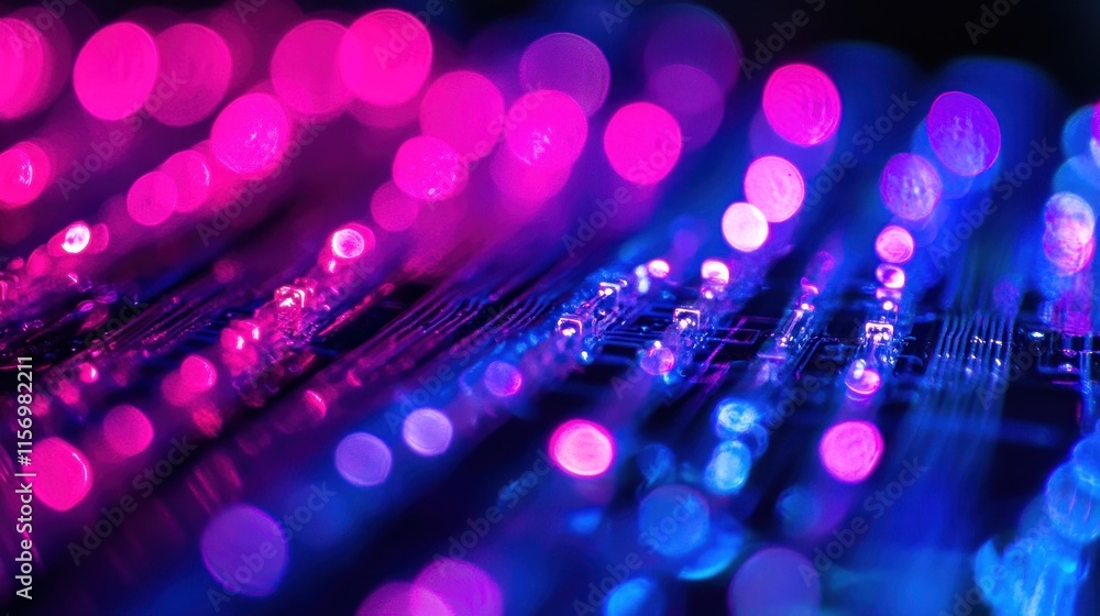 Poster Abstract image of circuit board with pink and blue bokeh lights.