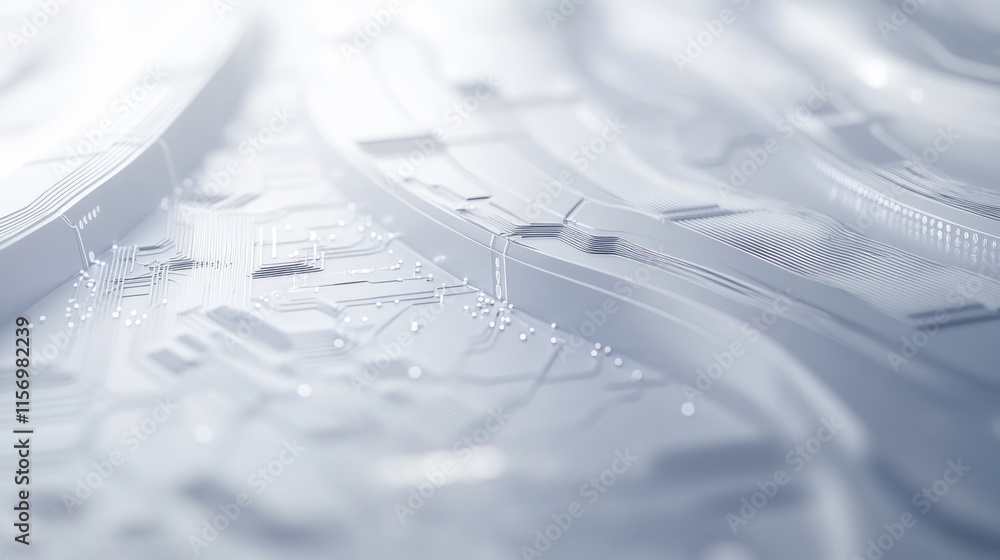 Poster Abstract white circuit board texture with flowing lines and electronic components.