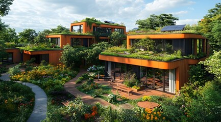 Obraz premium Bird's-eye view of eco-friendly co-housing with lush gardens - Generative AI