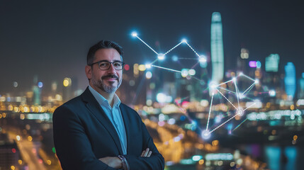 Fototapeta premium Abstract businessman stands on the peak of success amid tall, innovative Smart city and graphs with statistics to analyze business potential and predict future developments in company growth.