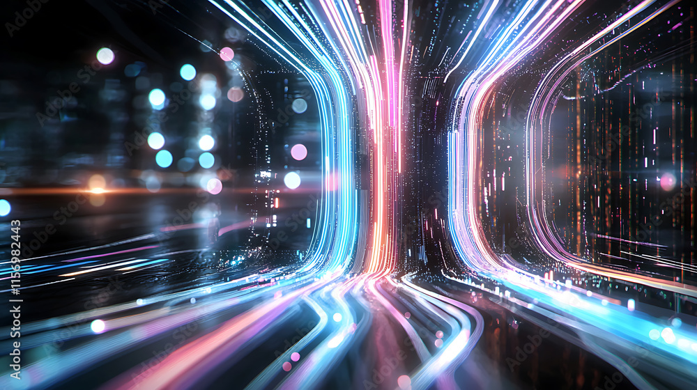 Poster dynamic light trails create hypnotic pathways in futuristic digital space abstract art virtual envir