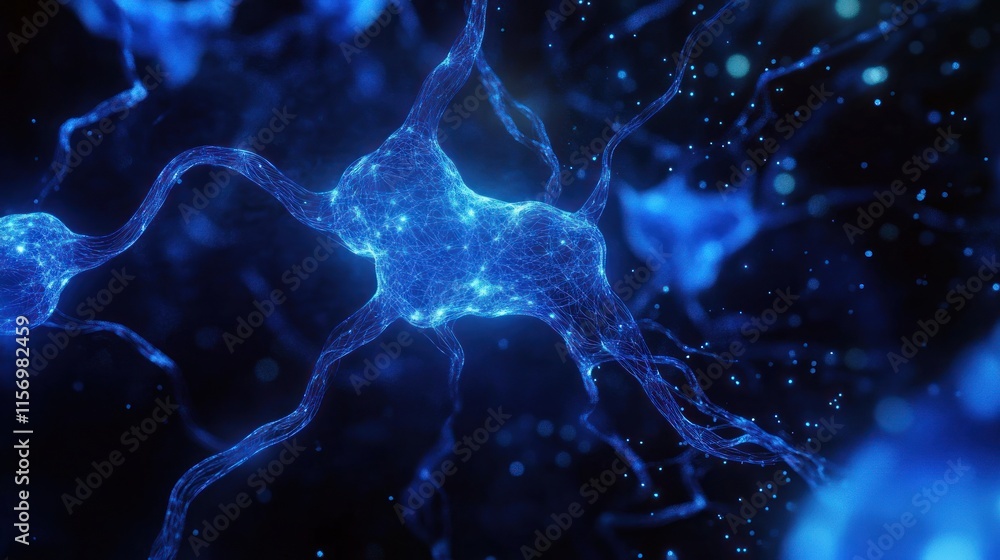 Poster microscopic view of glowing blue neurons interconnected, complex network.