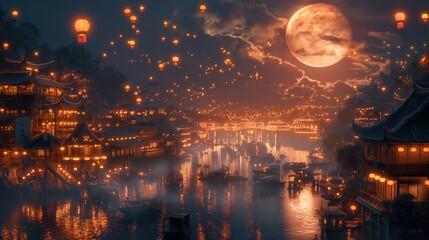 Obraz premium Celebrating mid-autumn festival families gather by the river asia cultural festivities nighttime aerial view
