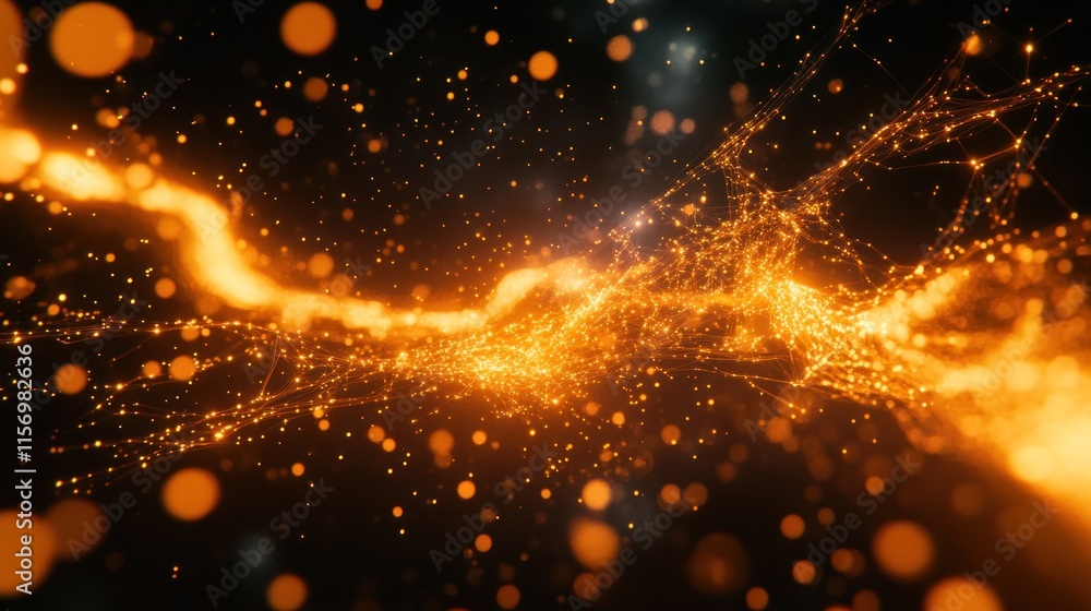 Poster Abstract orange energy stream with particles and bokeh lights on a dark background.