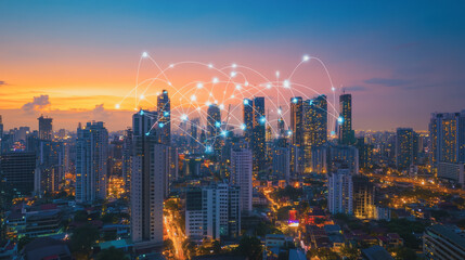 Obraz premium Smart digital Innovation city with connection network reciprocity over the cityscape. of future smart wireless digital city and social media networking systems that connects people with in city