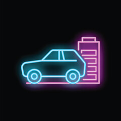 Blue neon icon of electric car charging its battery from charging station