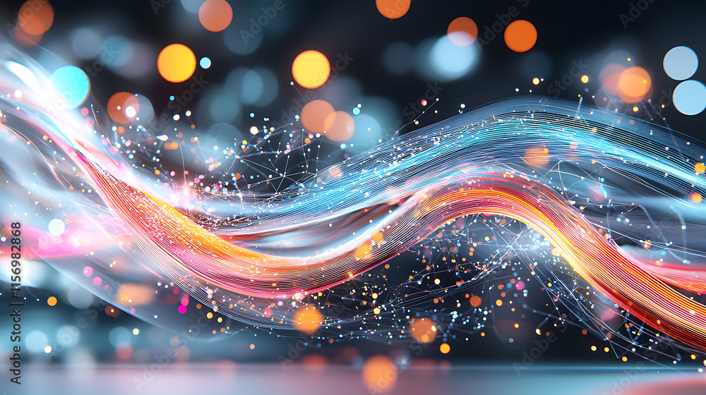 Poster dynamic colorful waves of light digital art abstract background vibrant atmosphere close-up view ene