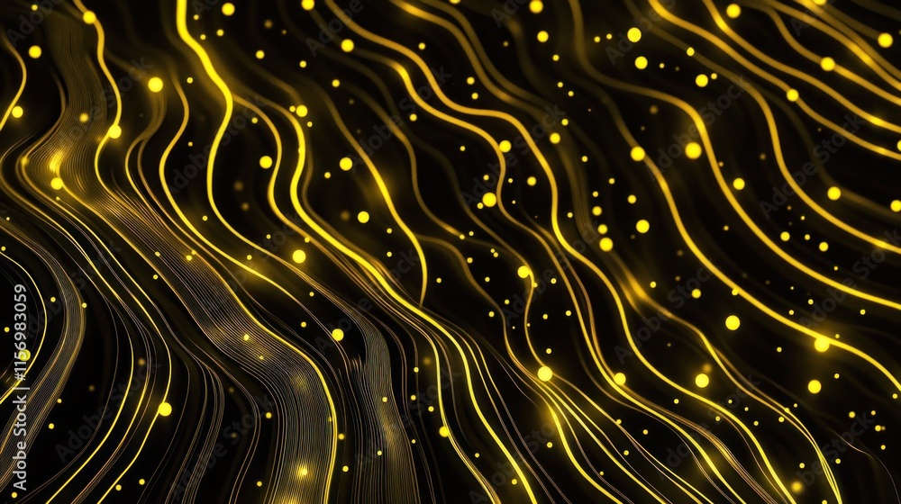 Poster abstract golden waves and particles on black background.