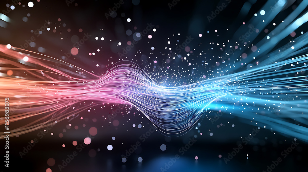 Poster dynamic flow of light waves abstract digital art vibrant colors high-tech environment close-up visua