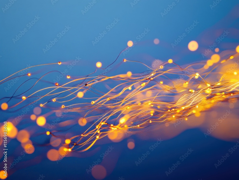 Poster Abstract glowing orange lines and bokeh on blue background.
