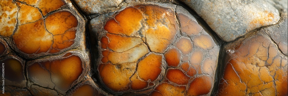 Poster close-up of orange and brown patterned stone with visible cracks and texture.