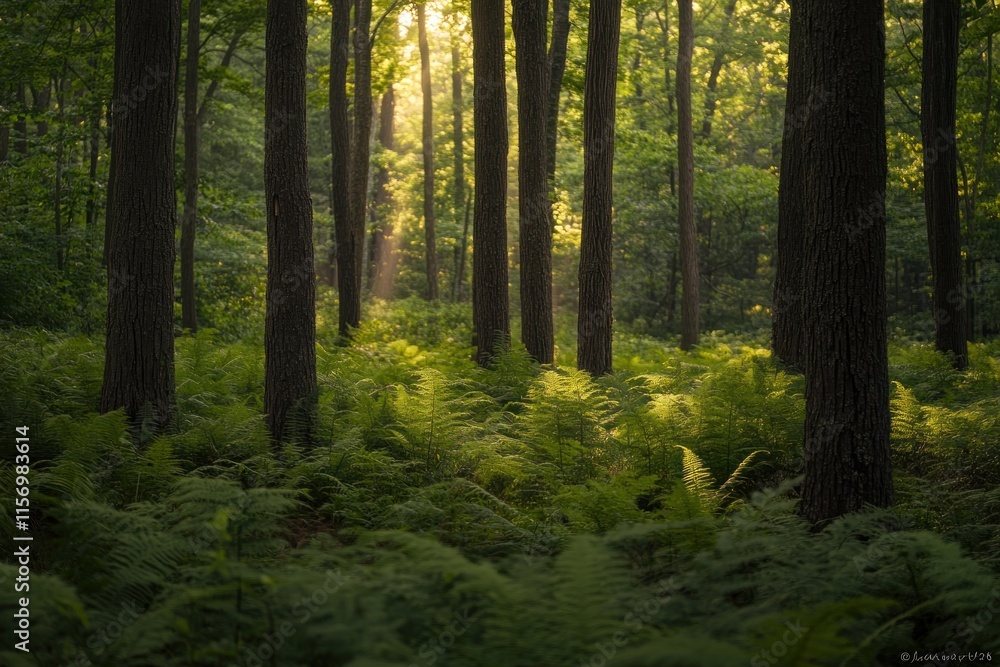 Poster Sunbeams illuminate a lush forest floor carpeted with ferns, sunlight filtering through tall trees.