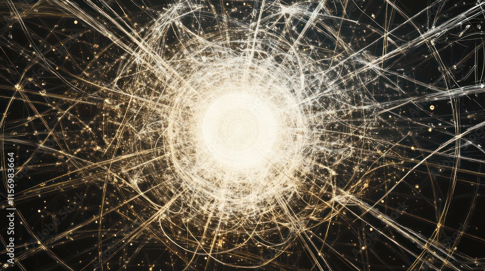 Poster abstract glowing sphere with radiating lines and particles.
