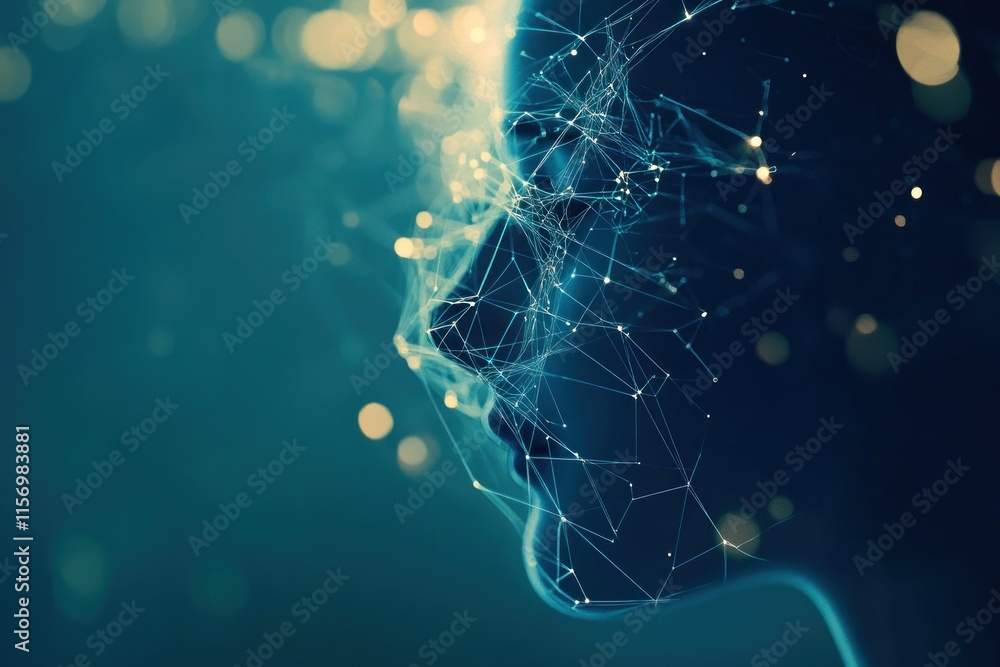 Aufkleber Abstract profile of a human face formed by connecting lines and dots, set against a dark teal background with bokeh lights.