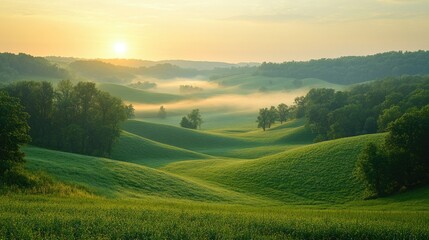 Fototapeta premium Serene Sunrise over Rolling Green Hills