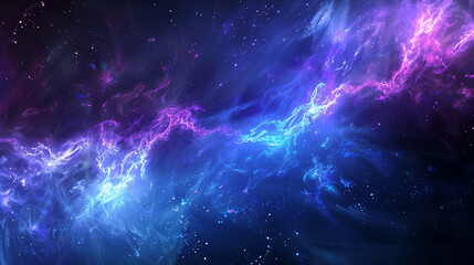 Obraz premium Abstract fusion of quantum computing particles and AI code streams, swirling together in vibrant blue and purple light, with empty space for text on a dark 
