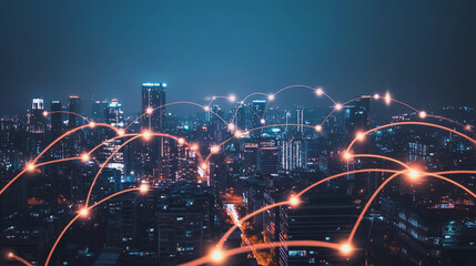 Fototapeta premium Smart digital Innovation city with connection network reciprocity over the cityscape. of future smart wireless digital city and social media networking systems that connects people with in city