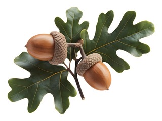 Aromatic Acorns and Green Oak Leaves on Branch, Isolated on White Background, Natural Woodland Element.
