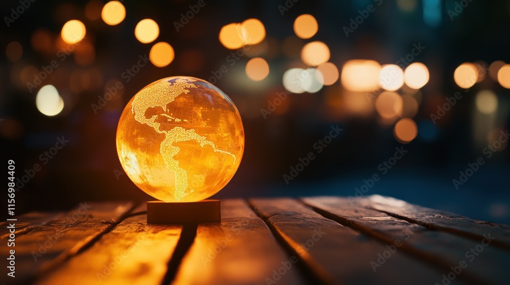 Poster illuminated globe on wooden table at night, bokeh lights in background.