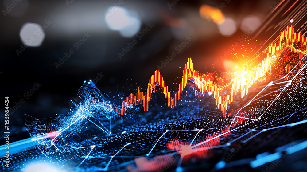 Poster dynamic data visualization financial markets digital artwork tech environment close-up view data ana